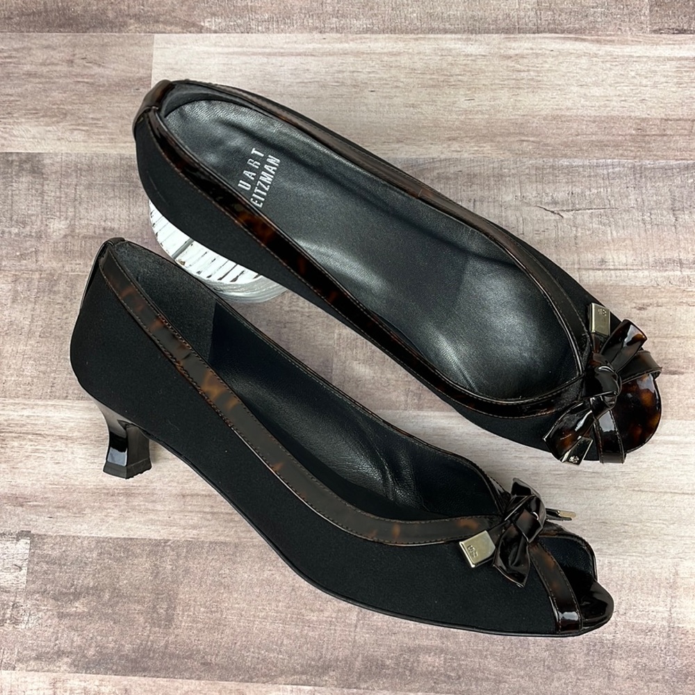 Stuart Weitzman Black Satin & Tortoise Patent Leather Peep Toe Kitten Heel 8.5